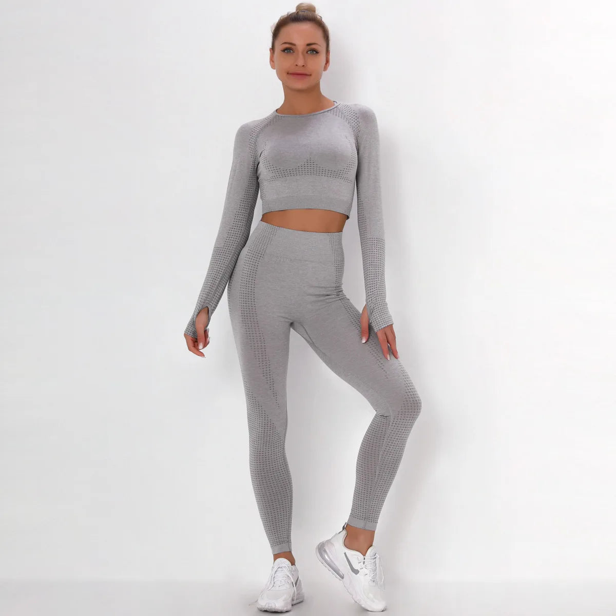 Women Seamless Gym Set Long Sleeve Top High Waist Belly Control Sport Leggings Gym Clothes Seamless Sport Suit Sexy Booty Girls