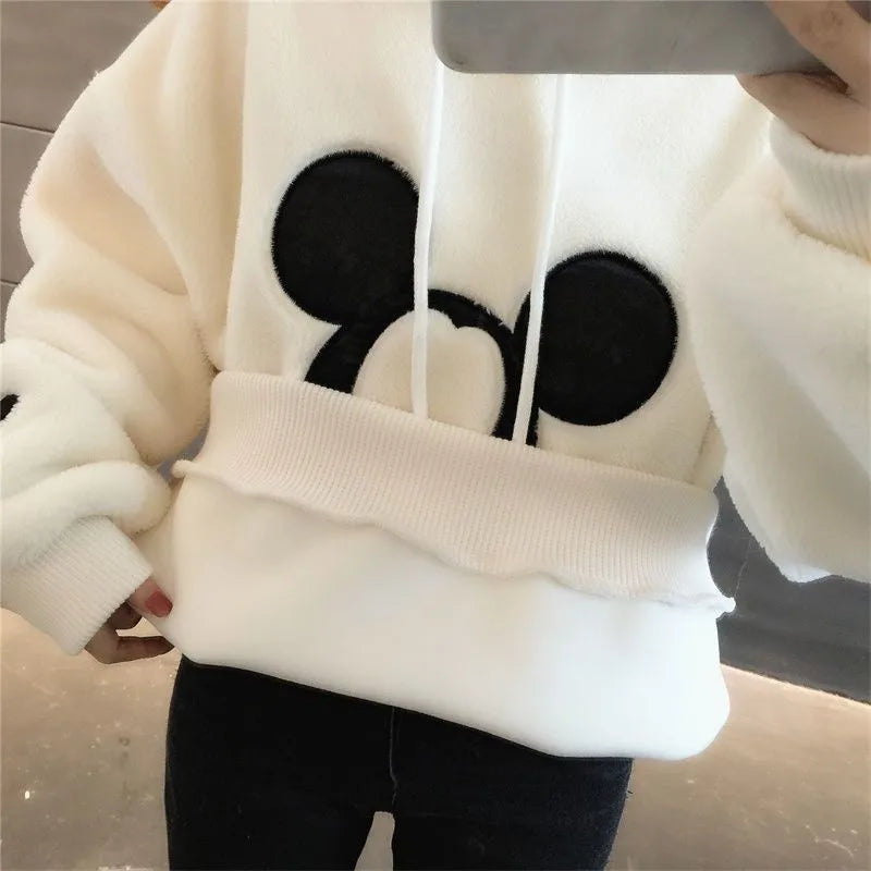 Disney Cute Mickey Minnie Mouse Hoodies Women Autumn Winter Pullover Tops Cartoons Femme Plus Velvet Clothes