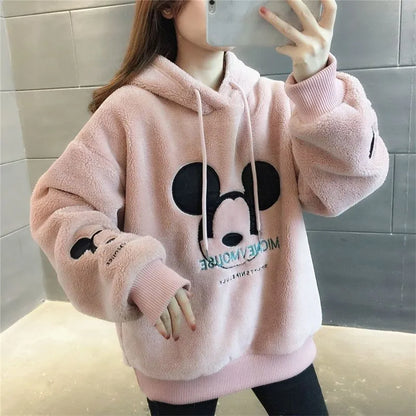 Disney Cute Mickey Minnie Mouse Hoodies Women Autumn Winter Pullover Tops Cartoons Femme Plus Velvet Clothes