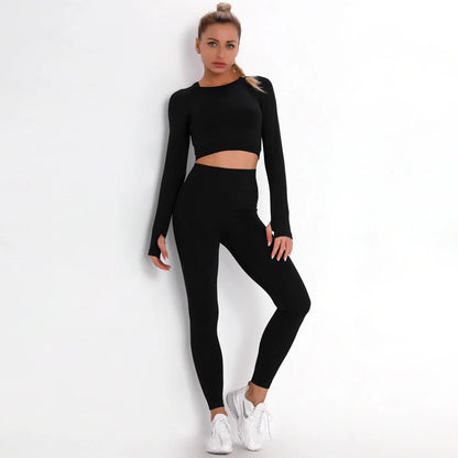 Women Seamless Gym Set Long Sleeve Top High Waist Belly Control Sport Leggings Gym Clothes Seamless Sport Suit Sexy Booty Girls