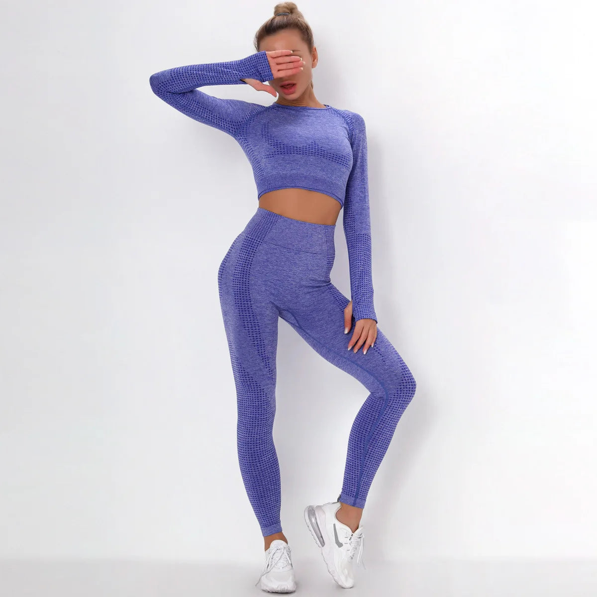 Women Seamless Gym Set Long Sleeve Top High Waist Belly Control Sport Leggings Gym Clothes Seamless Sport Suit Sexy Booty Girls