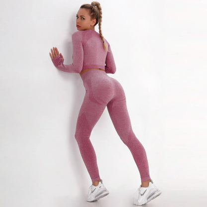 Women Seamless Gym Set Long Sleeve Top High Waist Belly Control Sport Leggings Gym Clothes Seamless Sport Suit Sexy Booty Girls