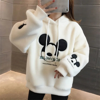 Disney Cute Mickey Minnie Mouse Hoodies Women Autumn Winter Pullover Tops Cartoons Femme Plus Velvet Clothes